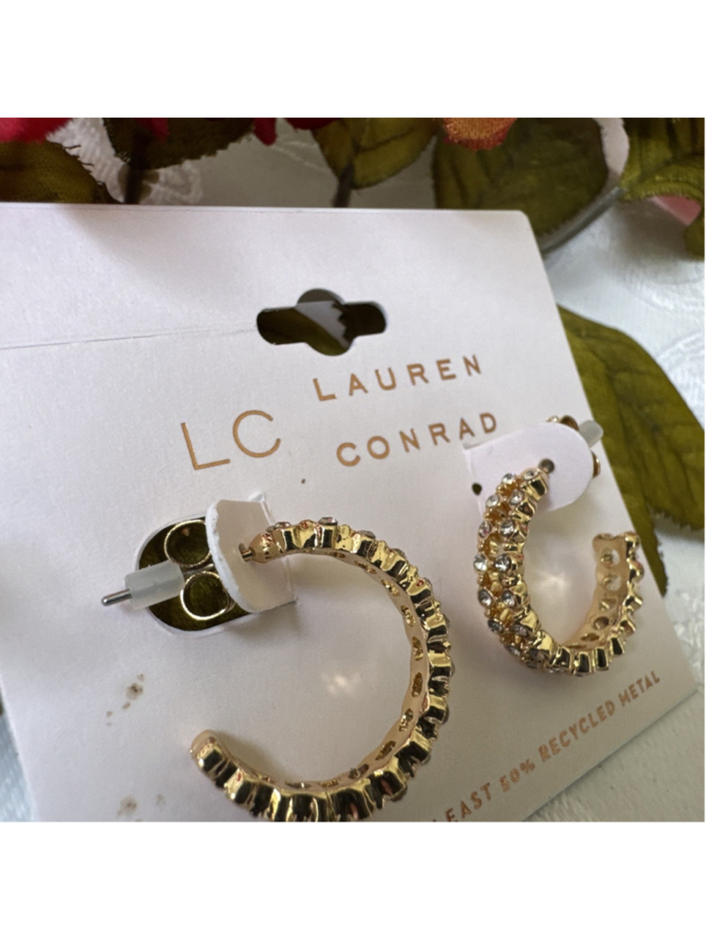LC Lauren Conrad 3/4" Hoop Rhinestone Edges Goldtone Small Hoops Earrings NEW